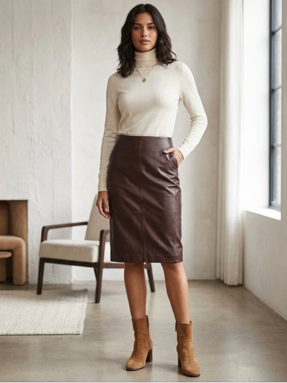 REISS Reagan Leather Pencil Skirt Brown Burgundy Midi High Rise Seam Detail